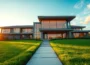 Cinematic wide view of a modern Bloxburg house during golden hour with lush lawn and expansive windows